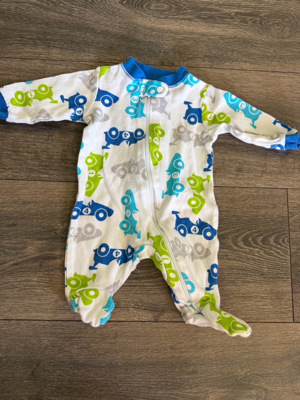 Sz NB White Blue Green Gray Car Print One-Piece